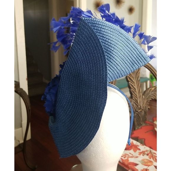 Stunning Kentucky Derby Fascinator Headband Straw Hat W/Feathers Royal Blue NWD - Picture 4 of 10